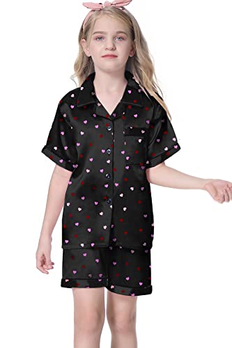 Image of Umeyda Women & Girls Pajamas Set, 2 Piece PJS Satin Silk Sleepwear Button-Down Top with Shorts for Mom Kids Gifts