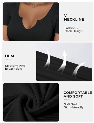 Buauty Women's Tops V Neck Shirts Short Sleeve Tshirt Fitted Basic Tees Summer Tunic Ribbed Sexy Clothes Casual Cute3