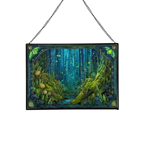 Glowworms Illuminating Forest Hollow Rectangular Stained Glass Suncatcher – Hanging Window Panel with Animal & Nature Scene – Vibrant Glass Art Gift for Wildlife, Fantasy, Nature Lovers jO0uh1