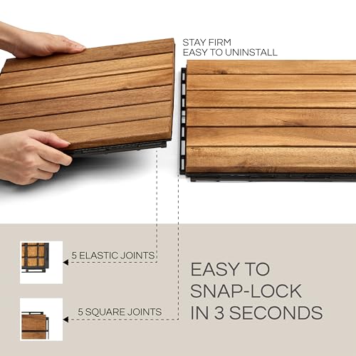 Thyoi TILE-P10-SQUARE JOINT 10 Pcs Premium Striped-Pattern Interlocking Deck Tiles 12 Inch X 12", Waterproof Outdoor Tiles For Patio, Acacia Wood Tiles thumb #3