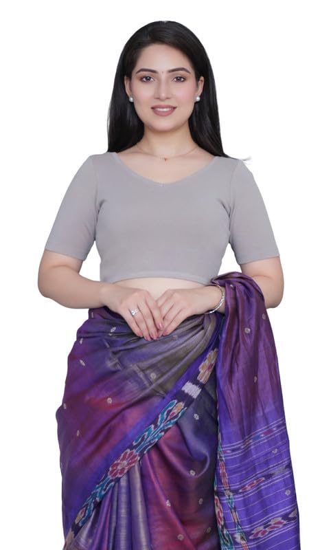 Image of Mlada V-Neck Stretchable Saree Blouse Top for Women | Slim Fit Short Sleeves Solid Cotton Blouses | Readymade Saree Blouses for Women Festive & Ethnic | Blouse Crop Top