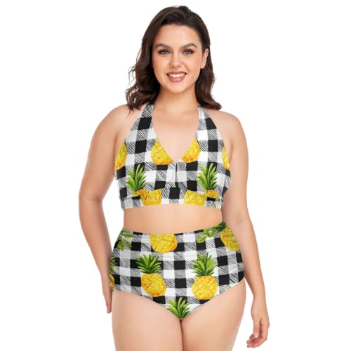 Bikini contrôle du ventre ajustable taille plus deux pièces noir et blanc imprimé ananas