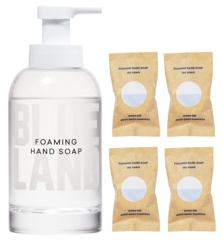 BLUELAND Hand Soap Starter Set – 1 Refillable Glass Foaming Hand Soap Dispenser + 4 Tablets Refills | Eco Friendly Products & Cleaning Supplies | Iris Agave Scent | Makes 4 x 9 Fl oz bottles (36 Fl oz total)