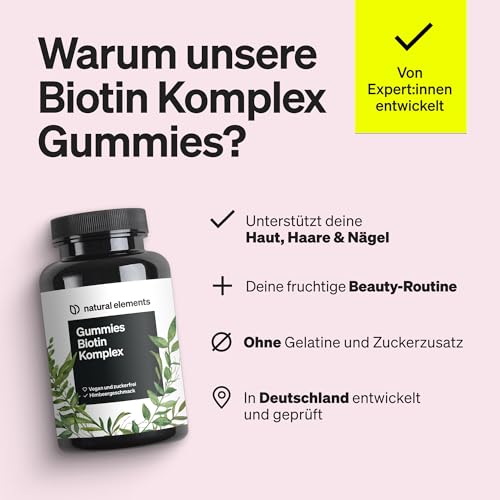 natural elements Biotin Haar Gummies - 120 vegane, zuckerfreie Gummibärchen mit 5000 µg Biotin pro Tagesdosis - mit Himbeergeschmack - in Deutschland produziert & laborgeprüft