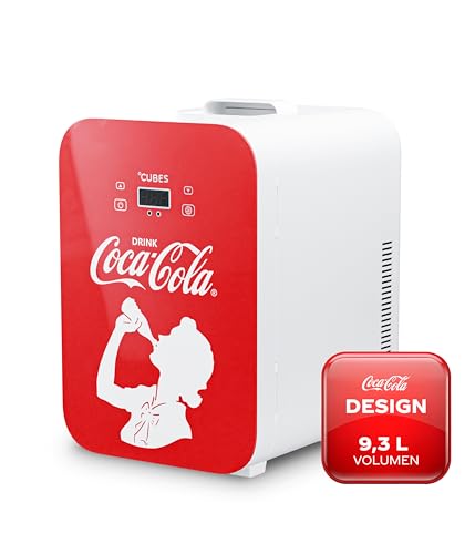 CUBES Coca-Cola Mini Kühlschrank 9 3L | Kompakter Minikühlschrank mit Glasdruck & LCD-Touch-Display | Kleiner Kühlschrank für Auto & Haushalt | Leise & Effizient | 12V/220V