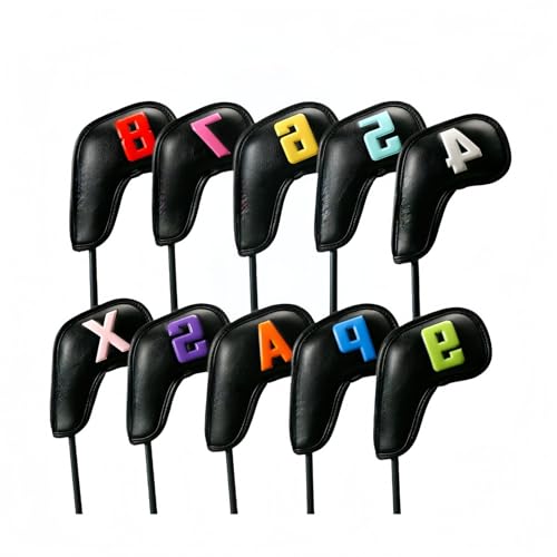 ゴルフクラブカバー 10個セット PUレザー製 防水・防塵 アイアンウェッジカバー 保護用ナンバーデザイン ゴルフクラブ用衝突回避 ギフトにも最適 (黒 10 個)