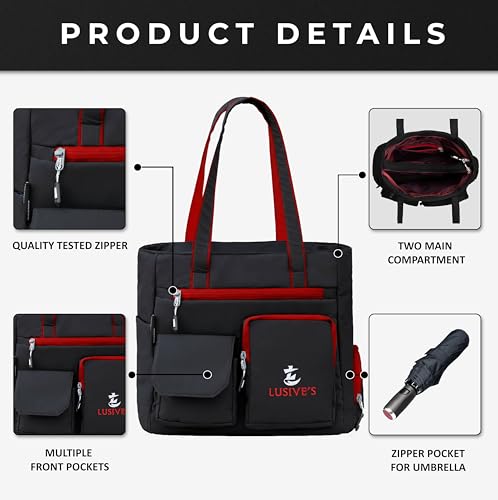 Image of Lusive's Double Pocket Handbag for Women: Stylish, Ideal Companion for Work, Travel, Polyester Material, Spacious 10-liter Capacity, 6 Pockets. (Black & Grey)