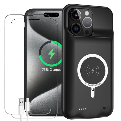 Battery Case for iPhone 15 Pro Max, Enhanced 12000mAh Portable Protective Wireless Charging Case Support Carplay Compatible with iPhone 15 Pro Max (6.7 inch) Rechargeable Battery Charger Case (Black)