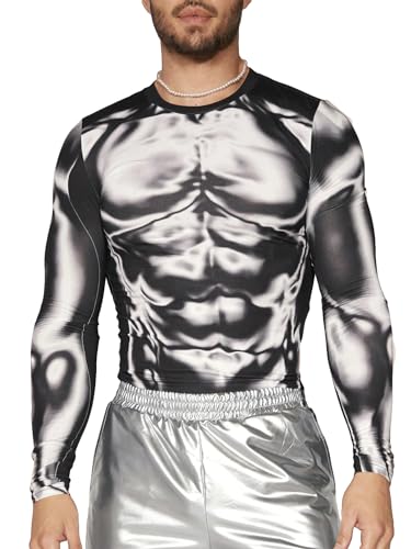 WDIRARA Men's 3D Body Print Crop Top Long Sleeve Muscle T Shirt Party Club Rave Clothes4