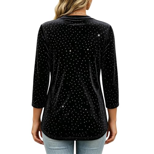 Women Velvet V Neck 3/4 Sleeve Sparkle Dot Tunic Top Soft Stretch Shiny Rhinestone Blouse, Dressy Casual Shirt for Holiday Night Out Event Black - image 4