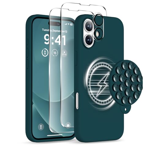 Image of Magnetic for iPhone 16 Case, Compatible with Magsafe, Suction Cup Phone Mount, [2 Screen Protectors][Camera Lens Protector] Silicone Shockproof Protective Slim Phone Cover 6.1 inch, Dark Green