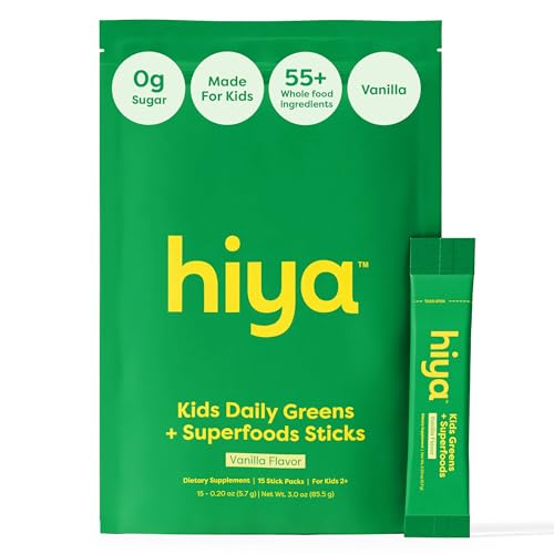 HIYA Kids Greens Powder Sticks - 55 Whole-Food Sourced Ingredients & Delicious Flavor - Greens Superfood Powder for Kids (Vanilla)