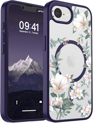 Image of VONZEE Compatible with iPhone 17e / iPhone 16e /SE4, Luxury Retro Flowers Floral Clear for Magnetic Wireless Charging Case Shockproof PC+TPU Cute Glossy Shiny Cover for Girls Women, Deep Purple