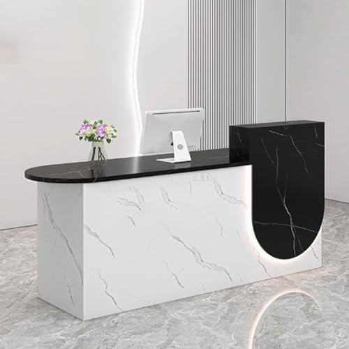Moderno escritorio de recepción con iluminación suave de 1,2 m, elegante mesa de oficina para pequeñas empresas, acabado texturizado blanco y negro, solución de almacenamiento funcional