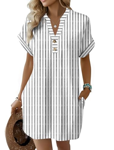 kipfall Summer Dresses for Women 2026 Button V Neck Striped T Shirts Dress Trendy Basic Outfits