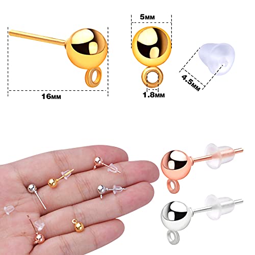300Pcs 3 Colors Ball Post Earring Studs Hypoallergenic Alloy Ear Pins Earring Posts With Loop And 300Pcs Silicone Clear Bullet Earring Backs For Diy Crafts Jewelry Making #TOP2