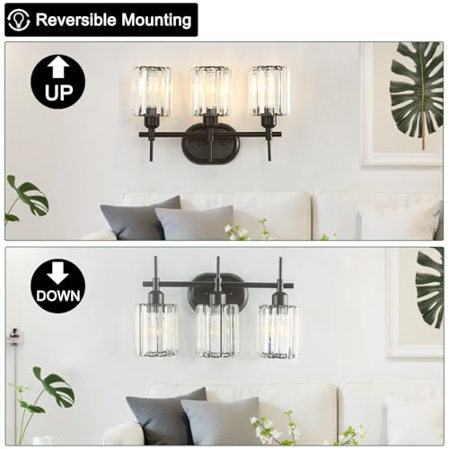 Image of Black Bathroom Vanity Light, 3-Light Bathroom Lighting Fixtures Over Mirror, Modern Crystal Wall Sconces with Crystal Clear Shades for Bedroom Living Room