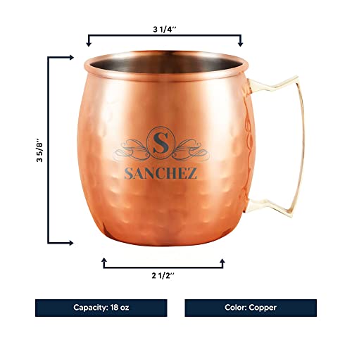 Personalized Custom Copper Mug Hammered Finish Moscow Mule With Ribbon Initial Family Name Monogram Engraved Bar Style Cup, 18 Oz | Single #TOP4