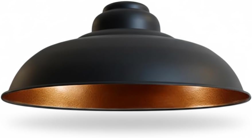 LEDSone Retro vintage style Ceiling Pendant Light semi curvy lamp shade durable rust-free metal easy fit design Farmhouse Light Bulb Guard Lighting for Kitchen Island (Black Inner Gold)