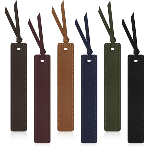 MIXVOVA 6 Pcs Leather Bookmark with Tassel Classic Style Bookmark 0.05 Inches Thin Handmade Stitched Bookmarks for Men Book Marks for Reading Gifts for Book Lovers Readers (Dark Retro)