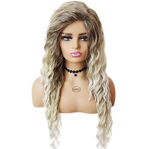 Image of GNIMEGIL Long Ash Blonde Curly Wig for Women - Voluminous Mixed Blonde Water Wave Synthetic Hairpiece - 26 Inch Deep Wavy Glueless Wig for Daily Wear, Party Cosplay