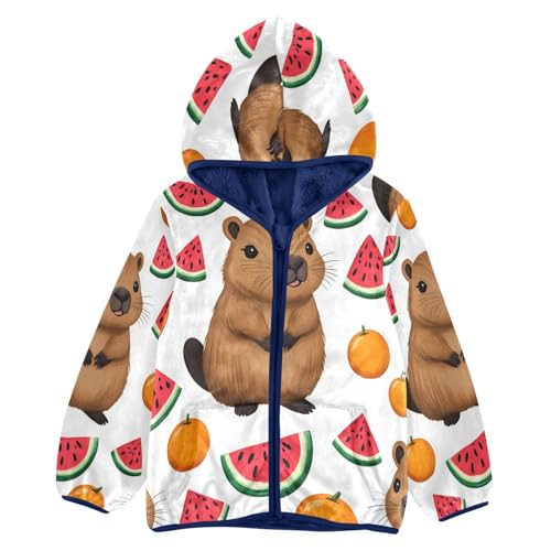 Cute Hamster with Fruits Toddler Fleece Jacket Girl Boys Hooded Fleece Jacket Coat Warm Outwear Zip-up 3-10T