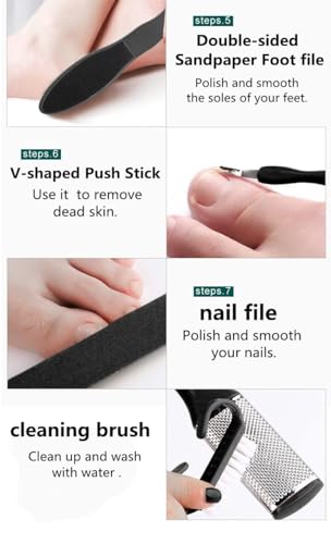 Vitalogy - Pedicure Tools for Feet - 8 in 1 Pedicure Kit | Foot Scrubber for Dead Skin, Callus Remover, Foot Scraper, Foot File, Pitchfork, Filer for Nail Repair - 1 Set (Black) - Image 7