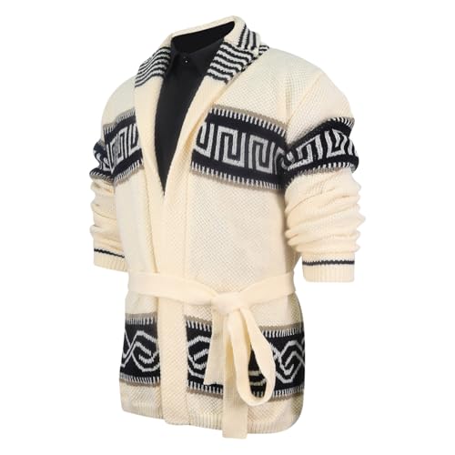 Mens Shawl Collar Cardigan Sweater Western Aztec Cable Knit Sweater Chunky Long Sleeve Winter Casual Belted Cardigans3
