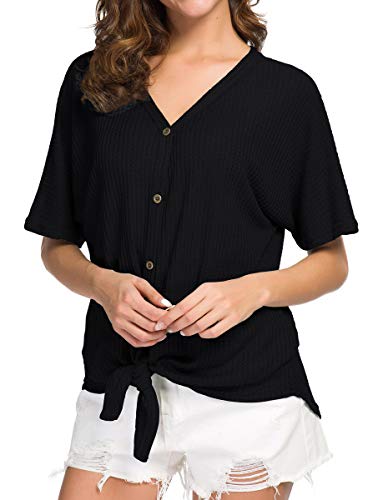 IWOLLENCE Women's Waffle Knit Tunic Blouse Tie Knot Short Sleeve Henley Tops Loose Fitting Bat Wing Shirts3