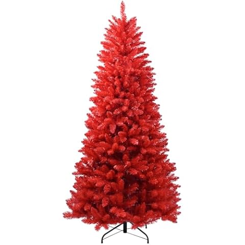 Kadunmina 7ft Artificial Red Christmas Tree Halloween Tree Premium Hinged Spruce Full Real Red Xmas Tree with 1066 Branch Tips Easy to Assemble Includes Metal Foldable Stand Cover