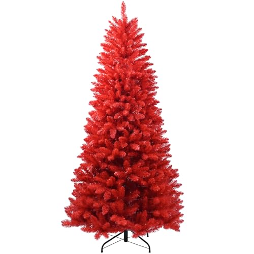 Kadunmina 7ft Artificial Red Christmas Tree Halloween Tree Premium Hinged Spruce Full Real Red Xmas Tree with 1066 Branch Tips Easy to Assemble Includes Metal Foldable Stand