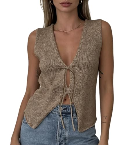 Image of Womens Vintage Knittd Tank Y2k Vest Crop Top Sleeveless V-Neck Open Front Button Crochet Knit Vests Versatile Tops