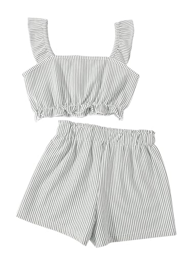 Image of Girl's Summer Clothing Sets Knit Ruffle Striped T-Shirt and Shorts 2 Piece Outfits