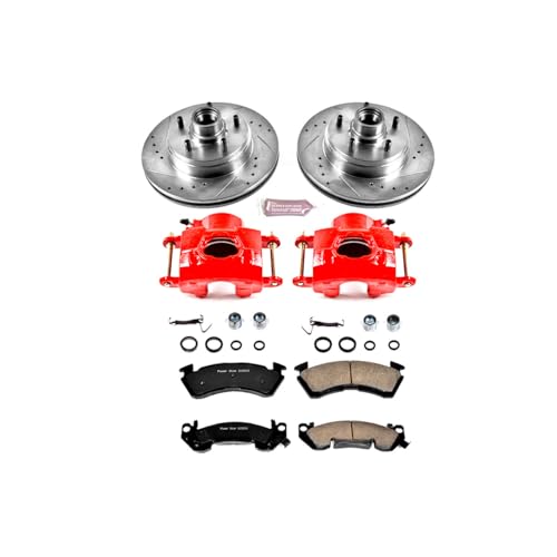 Image of PowerStop Front Brake & Caliper Kit for Chevrolet Impala 1994-96 - Carbon-Fiber Ceramic Brake Pads + Drilled & Slotted Rotors + Red Powder Coated Calipers, KC2937
