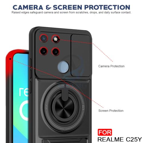 Image of AESTMO Realme C25Y Back Cover | Armor Camera Slider 360 Degree Rotating Finger Ring Holder Case with Bracket Stand Back Case Cover (Compatible with MagSafe Accessories) (Black)