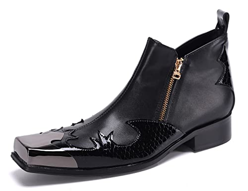 Santimon Mens Chelsea Boots Black Leather Casual Square Toe Metal Tip Zipper Shoes2