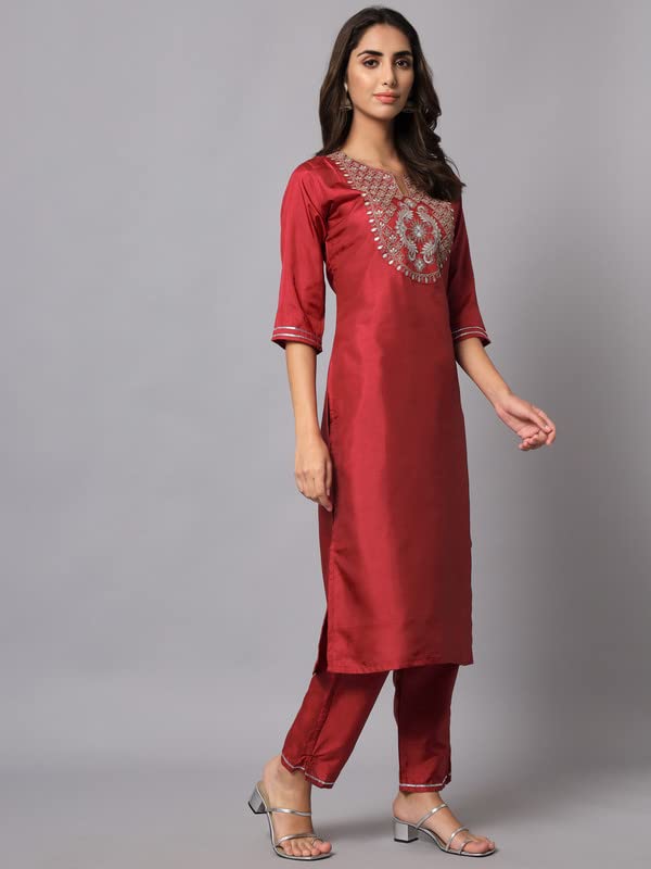 Image of VredeVogel Women's Cotton Silk Blend Embroidered Viscose Print Kurta Pant With Dupatta Set