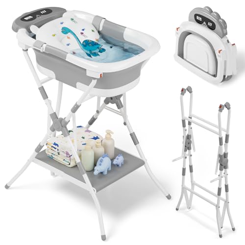 Image of 2-in-1 Baby Bath with Stand, Foldable Dinosaur Bathtub for Infant to Toddler, Portable Travel Tub with Soft Cushion for 0-18 Months, Gray