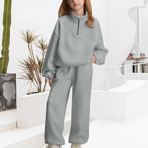 Girls Half Zipper Sweatshirts Set Plain Fleece 2 Piece Baggy Sweatpants Pullover Tops Sweatsuits Teen (Grey, 8-9 Years)3
