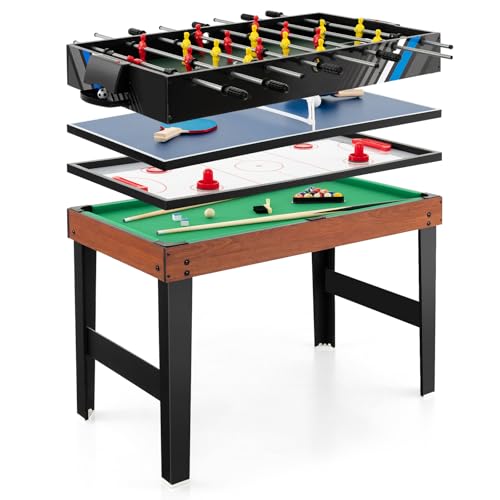 COSTWAY 4 in 1 Tavolo Multigioco, Calcio Balilla/Tavolo da Biliardo/Ping Pong/Air Hockey, Calcetto Multigioco Impilabile per Casa Feste Bar, 125x97x83 cm (Naturale)