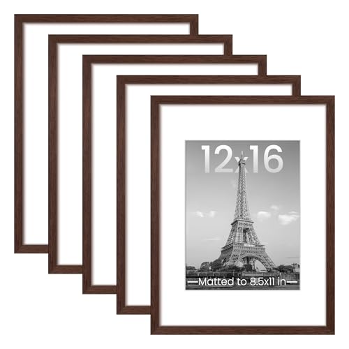 Image of upsimples 12x16 Picture Frame Set of 5, Display Pictures 8.5x11 with Mat or 12 x 16 Without, Wall Gallery Poster Frames, Brown