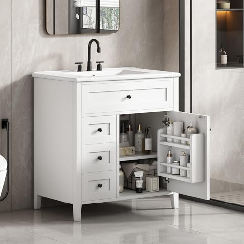 Image of 30 inch Bathroom Vanities with Top Set, Cabinet with Multi-Functional Tip-Out Drawer and Adjustable Shelf, Soft-Closing Door, Solid Wood Legs, White