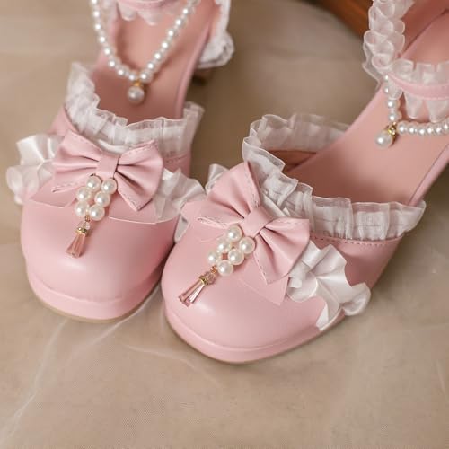 LUXMAX Womens Bow Double Strap Mary Janes Lolita Shoes Square Toe Chunky Heel Pumps4