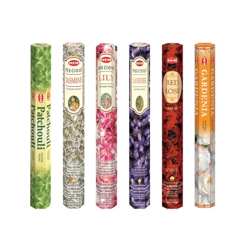 Hem Assorted Incense Sticks | Natural Fragrance | Positive Energy & Spiritual Wellness | Multiple Scents | Pack of 6 (Jasmine Lily Lavender Rose Gardenia Patchouli)