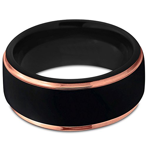 Midnight Rose Collection Tungsten Wedding Band Ring 10Mm For Men Women 18K Rose Gold Plated Step Edge Black Brushed Polished Size 9.5 #TOP1