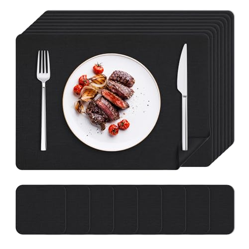 KitchenBoss Tovagliette Americane Lavabili con Sottobicchieri, Set di 8 Tovagliette Colazione Effetto Pelle Resistenti al Calore, Impermeabili su Entrambi i Lati, 43×30 cm, Nero