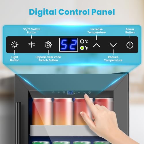 Image of 15 Inch Black Beverage Refrigerator, 130 Cans Beverage Cooler Under Counter,Freestanding 37-65F Mini Beverage Fridge with Glass Door& Stainless Steel Shelves