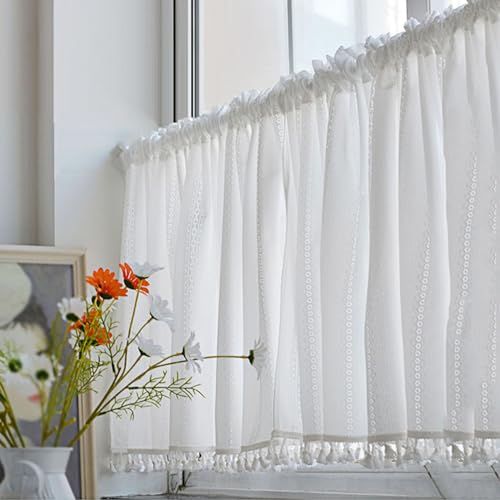 Cenefa de cortina para salón blanca con bordado de flores francesas y borlas 2