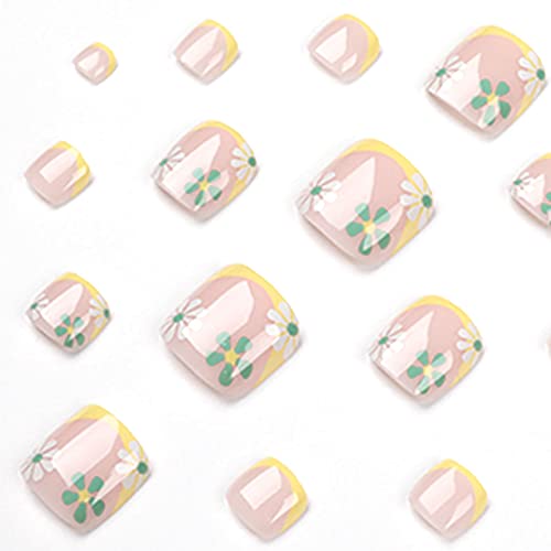 Shanrun Flowers Press On Toenails Yellow French Tips Fake Toe Nails Short Nude Square Toe Nail Press Ons Tips Floral Designs Full Cover Glue On Toenails Summer Acrylic False Toe Nails For Women 24Pcs #TOP1
