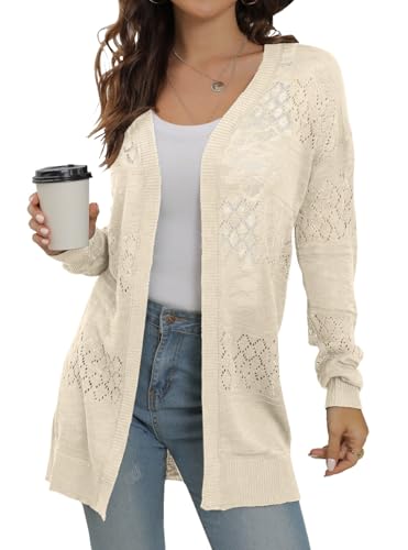 Image of GRECERELLE Lightweight Cardigan Sweaters for Women Crochet Knit Open Front Long Sleeve Loose Casual Boho Summer Beach Coverup
